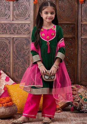 Green Embroidered Poly Blend Salwar Kameez With Dupatta For Girls