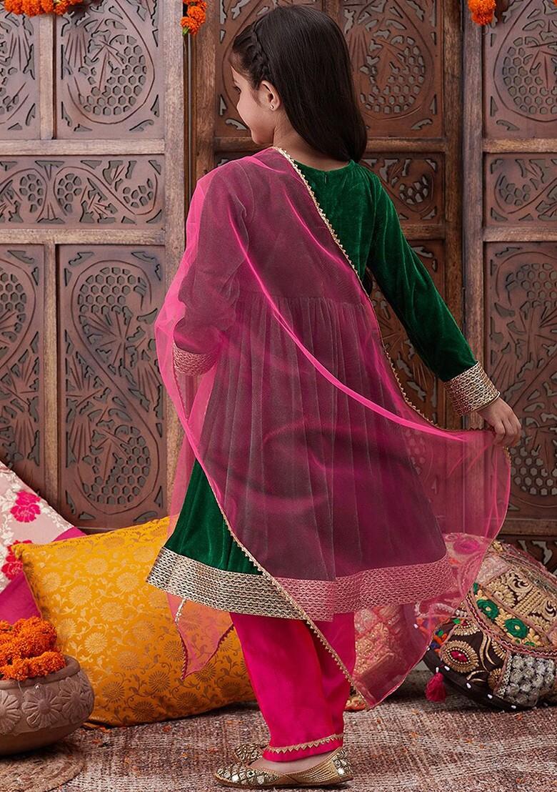 Green Embroidered Poly Blend Salwar Kameez With Dupatta For Girls