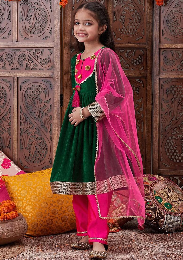 Green Embroidered Poly Blend Salwar Kameez With Dupatta For Girls