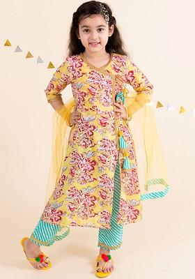Yellow Printed Poly Blend Salwar Kameez With Dupatta For Girls
