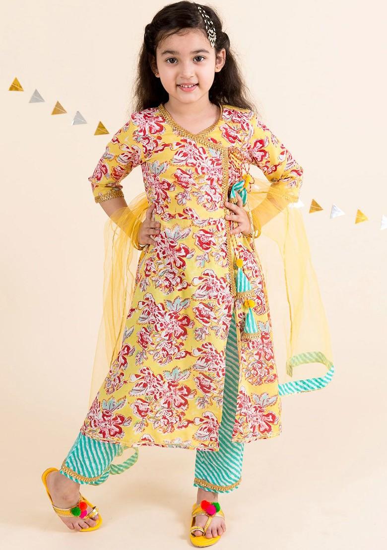 Yellow Printed Poly Blend Salwar Kameez With Dupatta For Girls