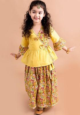 Mustard Yellow Printed Poly Blend Palazzo Set For Girls