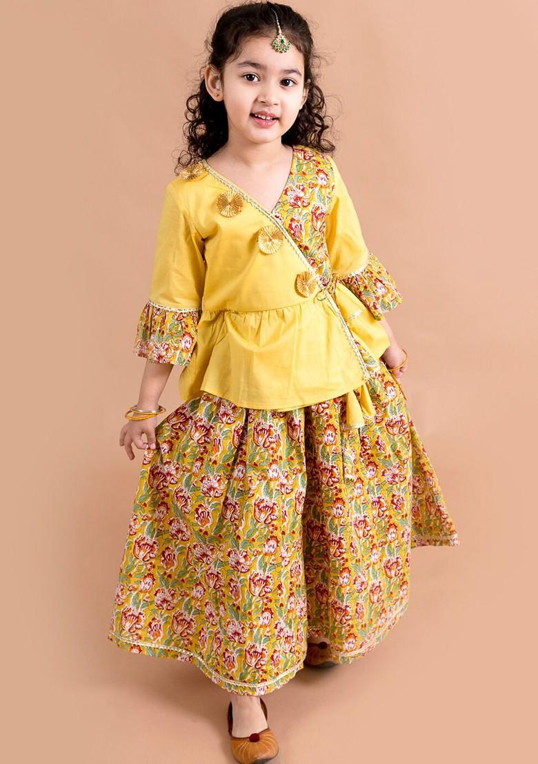 Mustard Yellow Printed Poly Blend Palazzo Set For Girls
