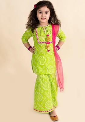 Green Embroidered Poly Blend Sharara Set With Dupatta For Girls