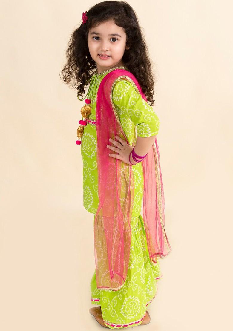 Green Embroidered Poly Blend Sharara Set With Dupatta For Girls