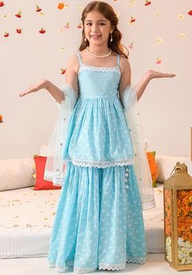 Blue Printed Poly Blend Sharara Set With Dupatta For Girls