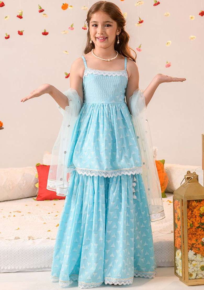 Blue Printed Poly Blend Sharara Set With Dupatta For Girls - Indya