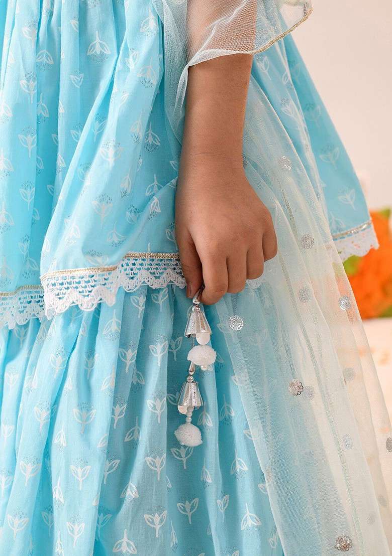 Blue Printed Poly Blend Sharara Set With Dupatta For Girls - Indya