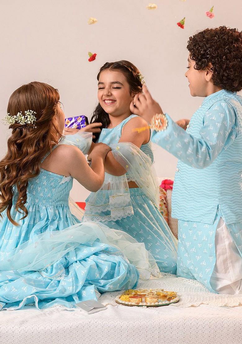 Blue Printed Poly Blend Sharara Set With Dupatta For Girls