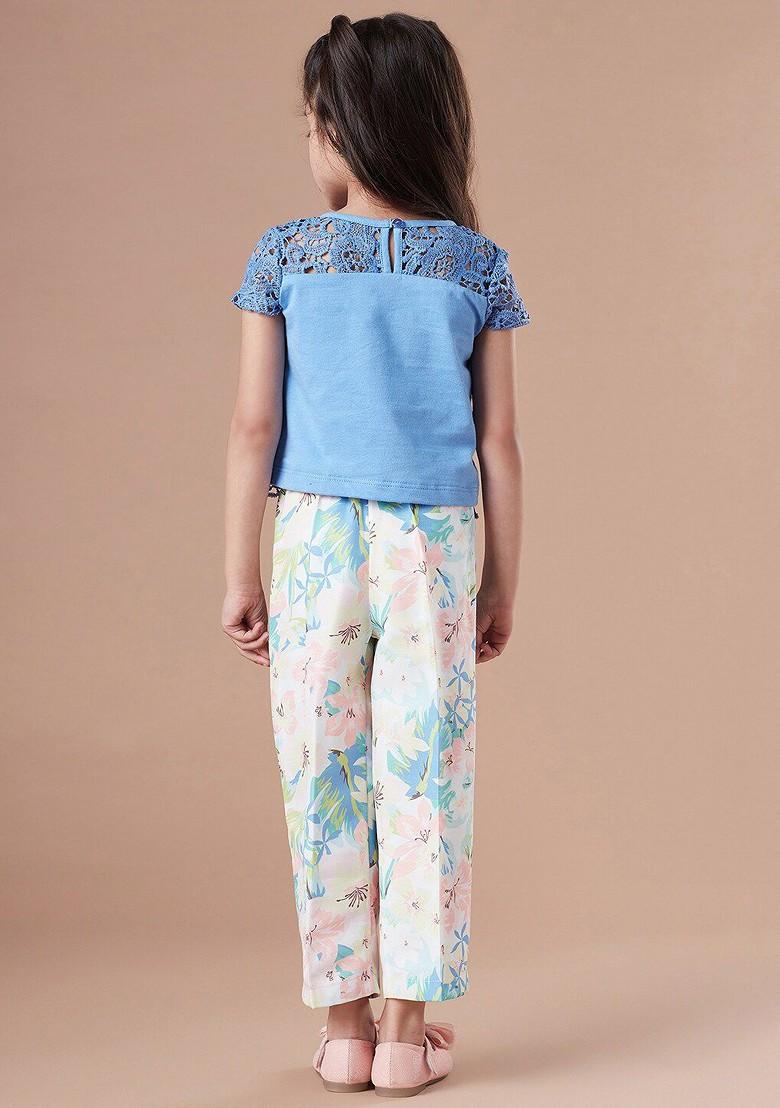 Blue Embroidered Poly Blend Co Ord Set For Girlss