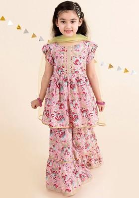 Pink Printed Poly Blend Palazzo Set With Dupatta For Girls