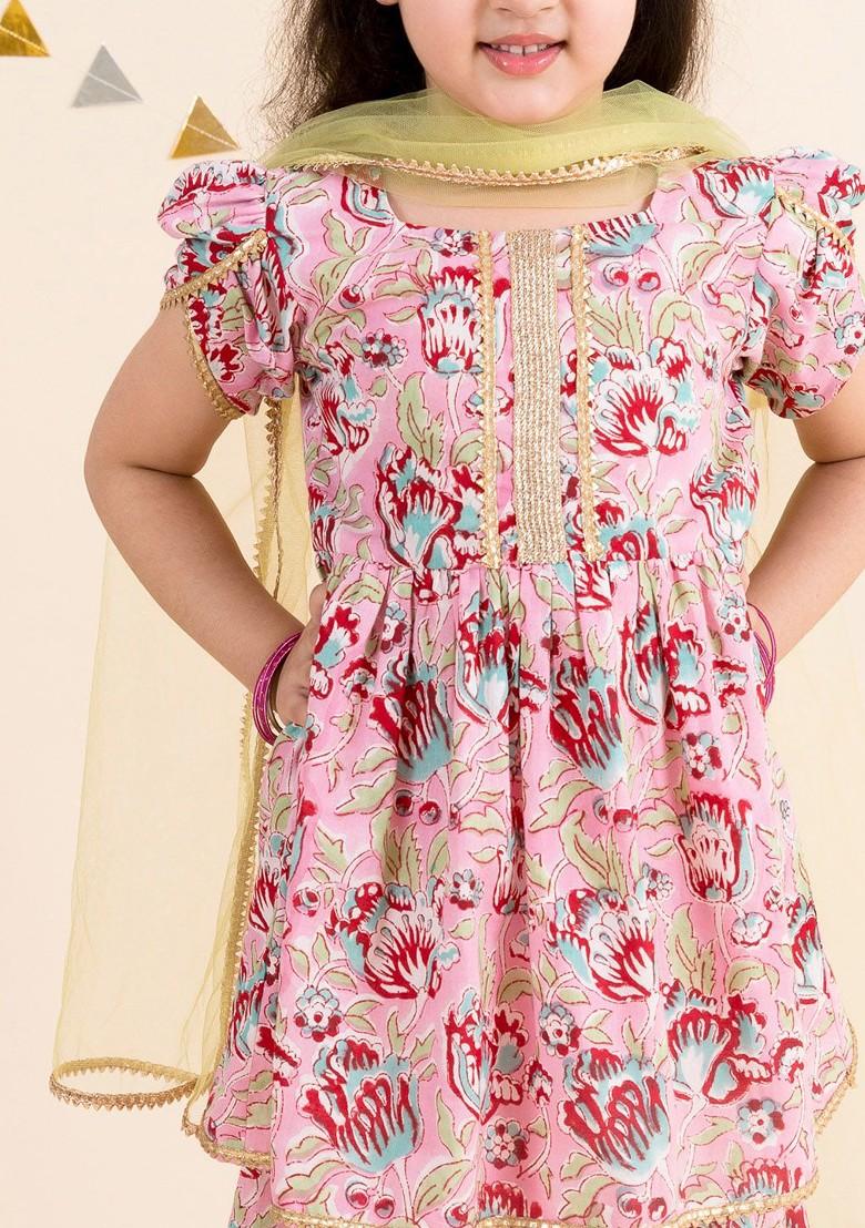 Pink Printed Poly Blend Palazzo Set With Dupatta For Girls