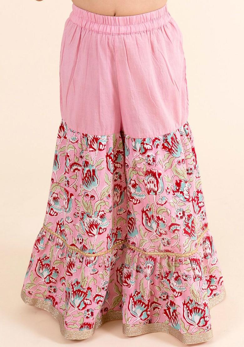 Pink Printed Poly Blend Palazzo Set With Dupatta For Girls