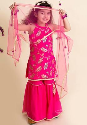 Magenta Printed Poly Blend Sharara Set With Dupatta For Girls