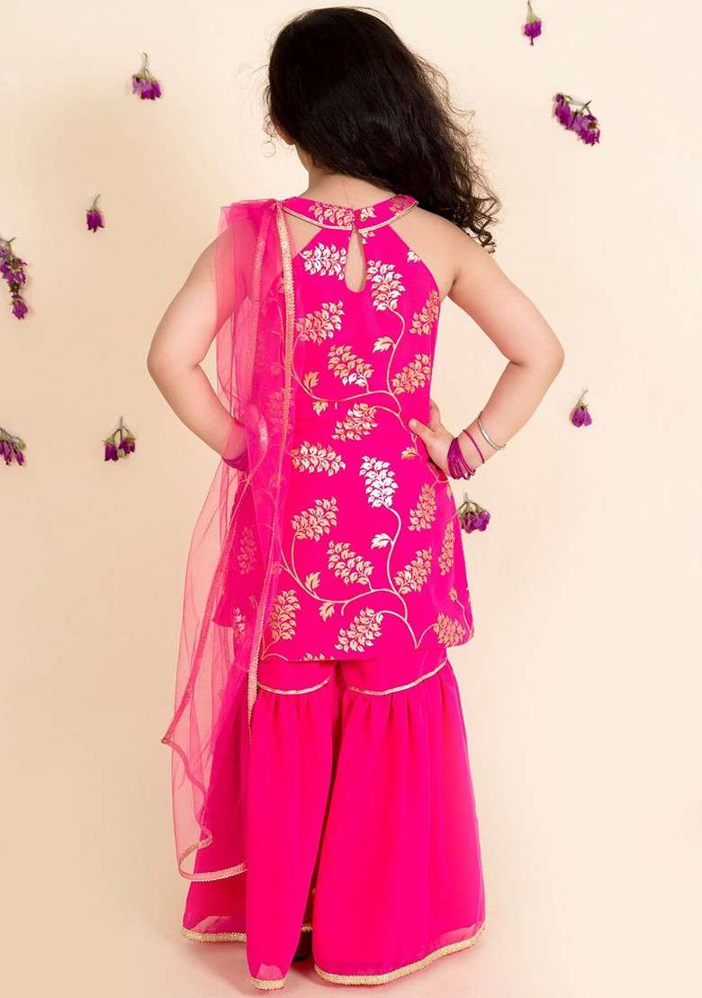 Magenta Printed Poly Blend Sharara Set With Dupatta For Girls - Indya