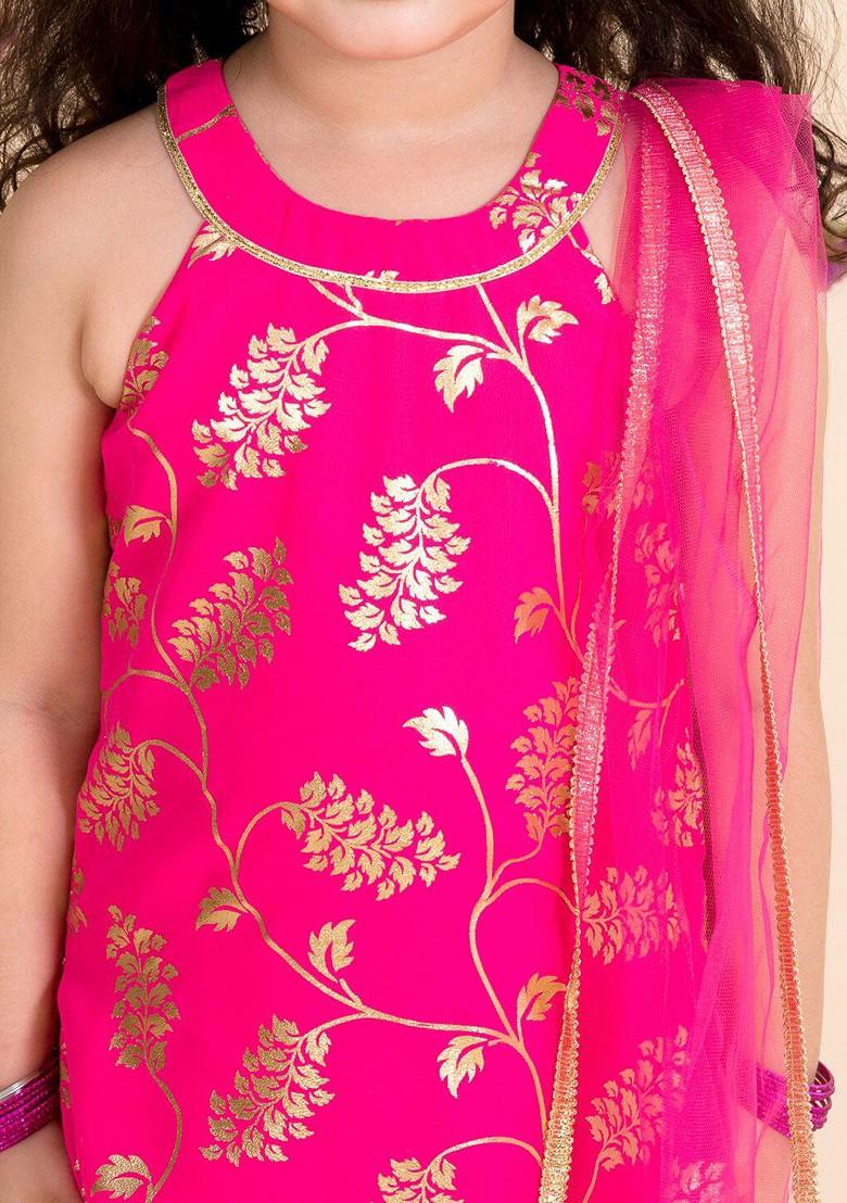 Magenta Printed Poly Blend Sharara Set With Dupatta For Girls