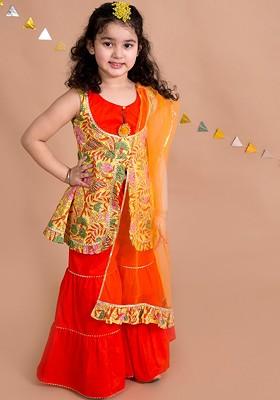 Yellow Printed Poly Blend Sharara Set With Dupatta For Girls