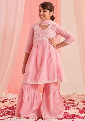 Pink Embroidered Poly Blend Sharara Set With Dupatta For Girls