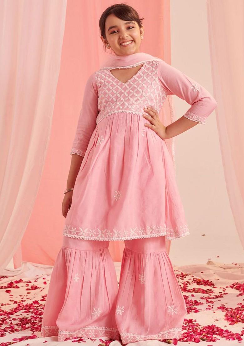 Pink Embroidered Poly Blend Sharara Set With Dupatta For Girls