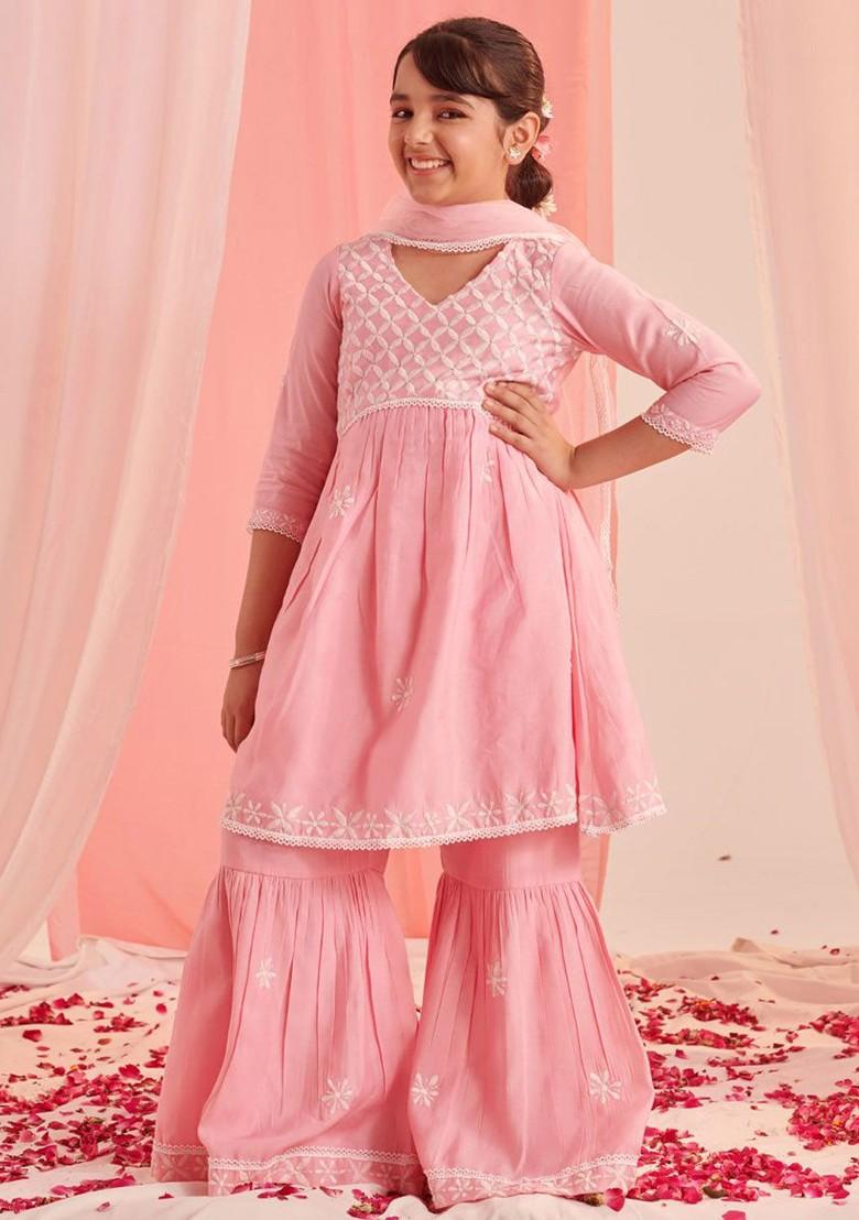 Pink Embroidered Poly Blend Sharara Set With Dupatta For Girls
