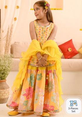 Yellow Printed Poly Blend Sharara Set With Dupatta For Girls