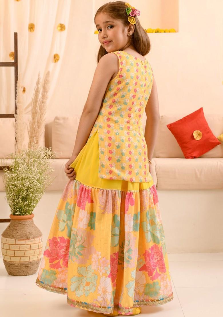 Yellow Printed Poly Blend Sharara Set With Dupatta For Girls