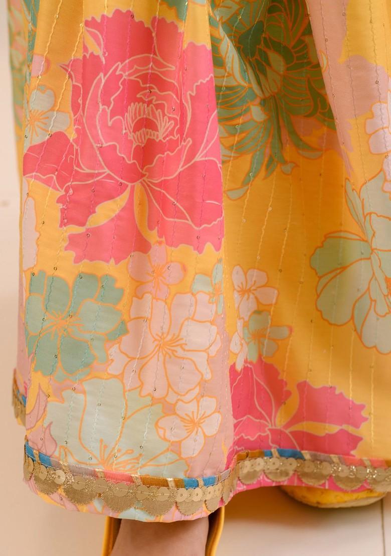 Yellow Printed Poly Blend Sharara Set With Dupatta For Girls