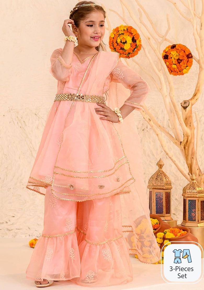 Peach Embroidered Poly Blend Sharara Set With Dupatta For Girls
