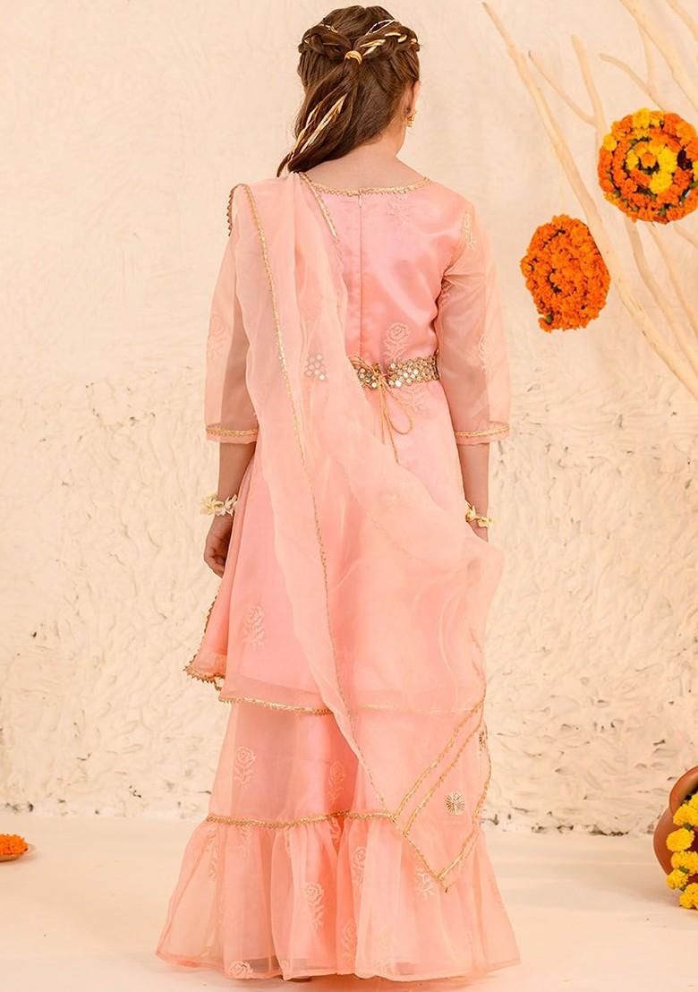Peach Embroidered Poly Blend Sharara Set With Dupatta For Girls