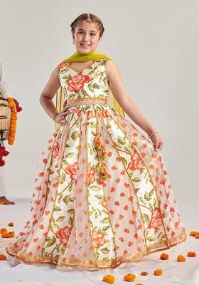 Orange Printed Poly Blend Lehenga Set With Dupatta For Girls