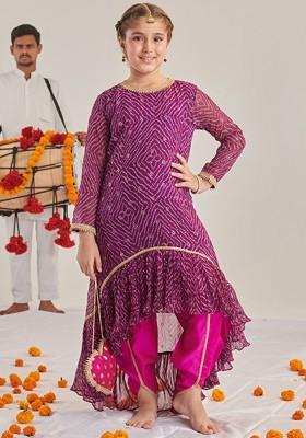 Purple Printed Poly Blend Salwar Kameez For Girls