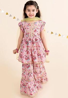 Pink Printed Poly Blend Sharara Set With Dupatta For Girls