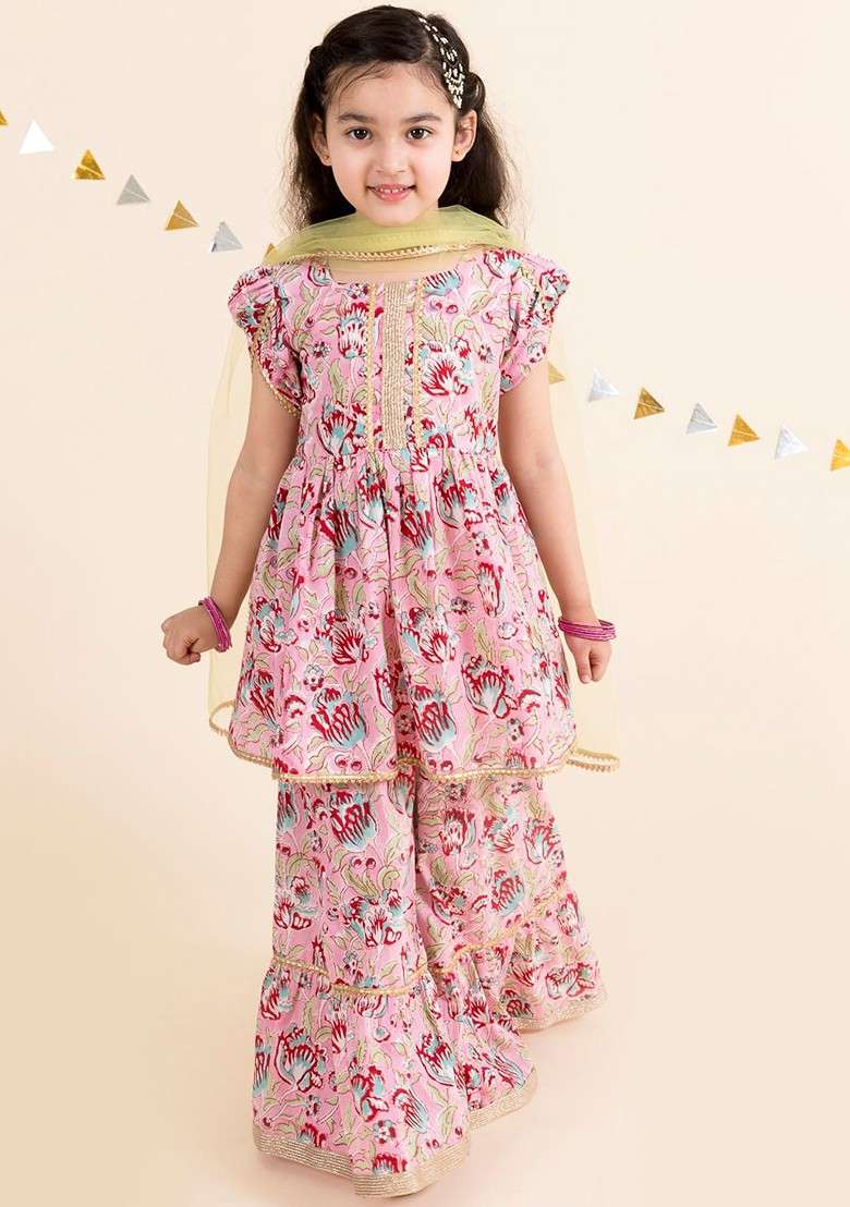Pink Printed Poly Blend Sharara Set With Dupatta For Girls - Indya