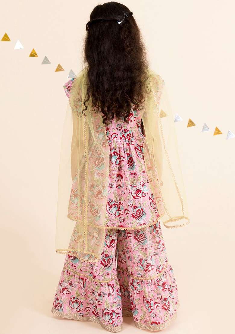 Pink Printed Poly Blend Sharara Set With Dupatta For Girls - Indya