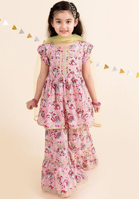 Pink Printed Poly Blend Sharara Set With Dupatta For Girls — view on Indya