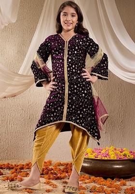 Purple Embroidered Poly Blend Salwar Kameez With Dupatta For Girls