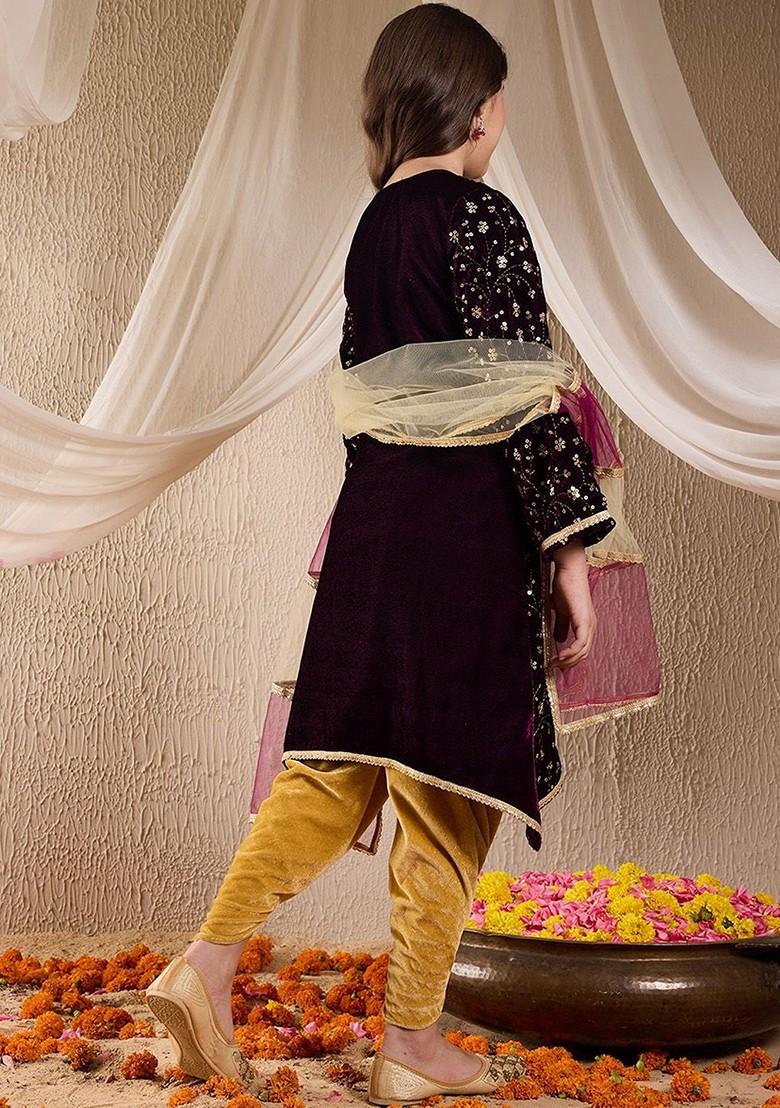 Purple Embroidered Poly Blend Salwar Kameez With Dupatta For Girls