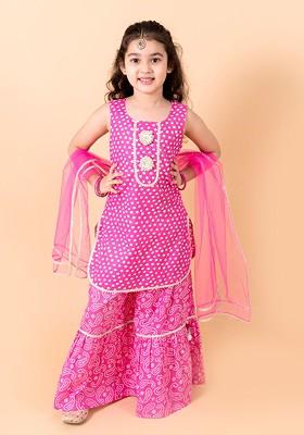 Purple Printed Poly Blend Sharara Set With Dupatta For Girls
