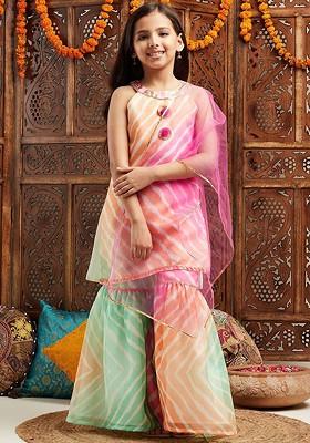 Pink Printed Poly Blend Sharara Set With Dupatta For Girls