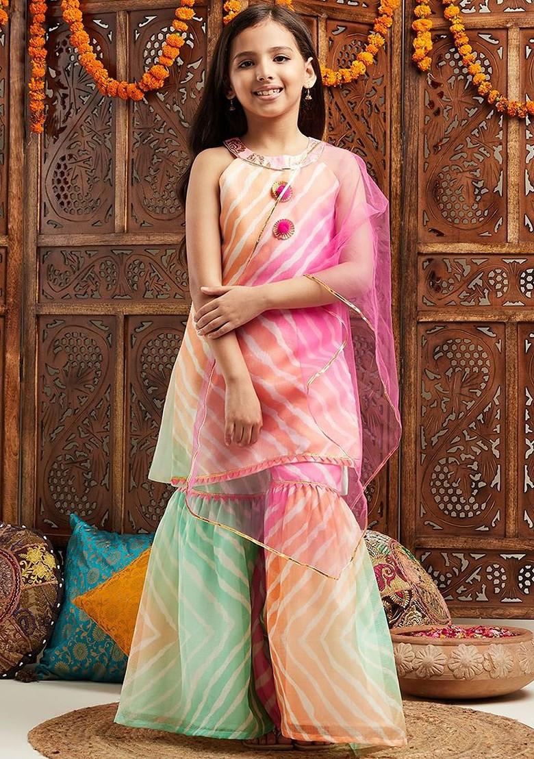 Pink Printed Poly Blend Sharara Set With Dupatta For Girls