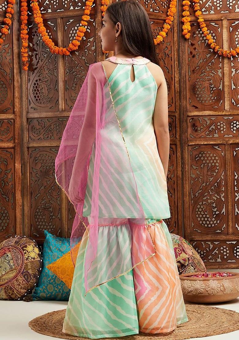 Pink Printed Poly Blend Sharara Set With Dupatta For Girls