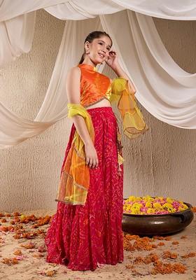 Magenta Printed Poly Blend Lehenga Set With Dupatta For Girls