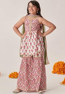 Magenta Printed Poly Blend Sharara Set With Dupatta For Girls
