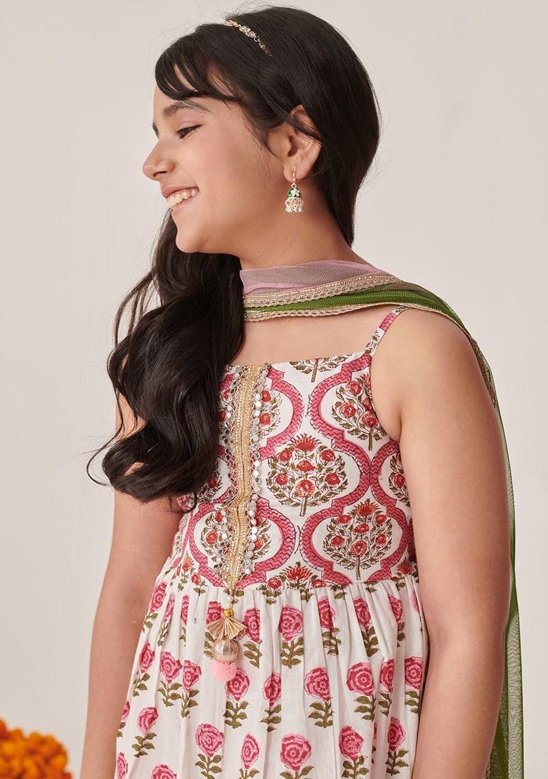 Magenta Printed Poly Blend Sharara Set With Dupatta For Girls