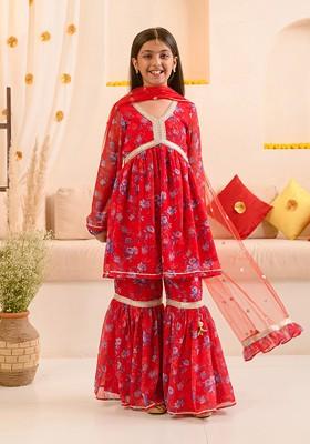 Red Printed Poly Blend Sharara Set With Dupatta For Girls