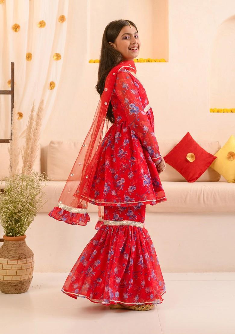Red Printed Poly Blend Sharara Set With Dupatta For Girls