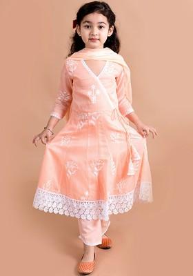Peach Printed Poly Blend Salwar Kameez With Dupatta For Girls