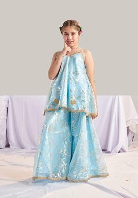 Blue Printed Poly Blend Palazzo Set For Girls