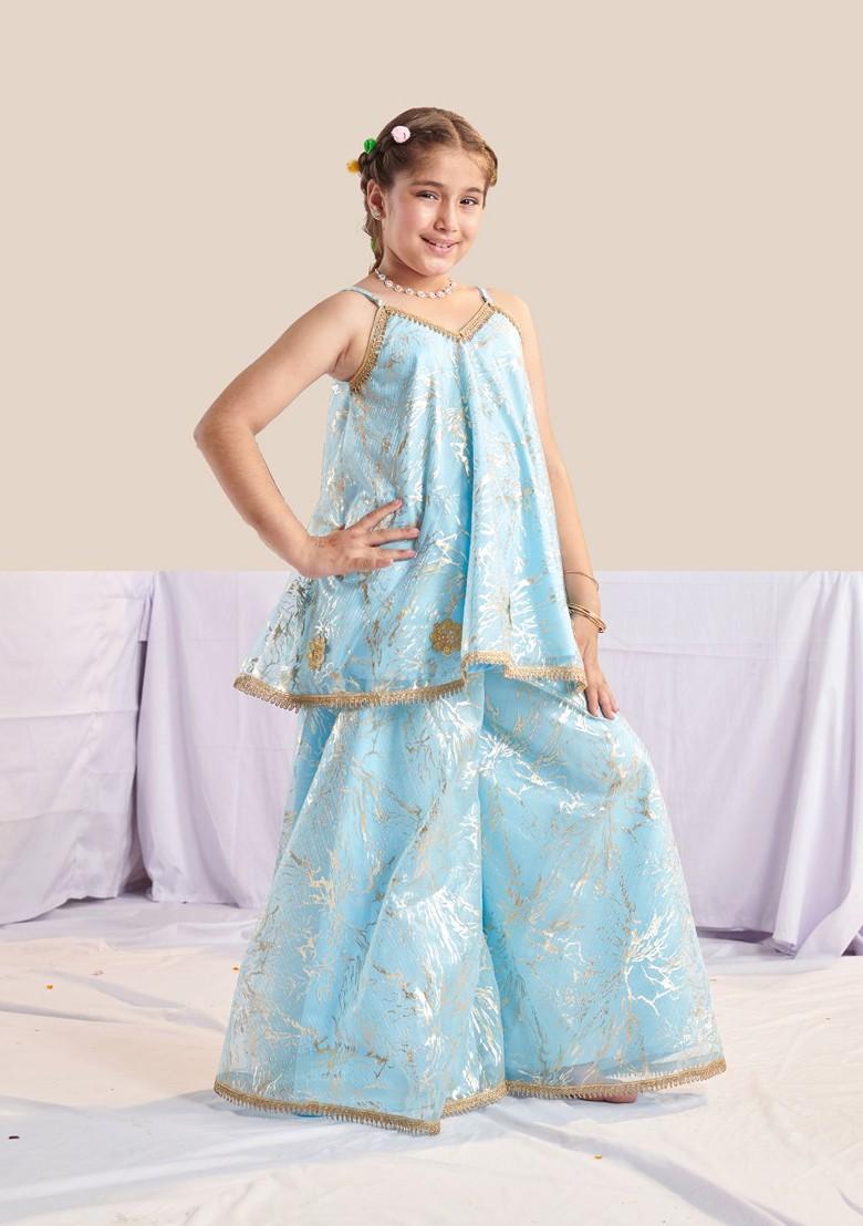 Blue Printed Poly Blend Palazzo Set For Girls