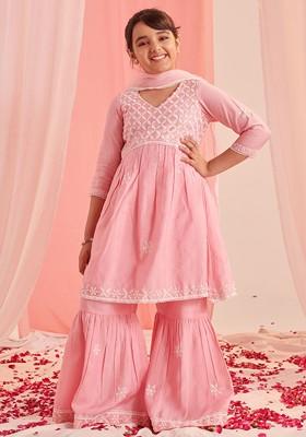 Pink Embroidered Poly Blend Sharara Set With Dupatta For Girls